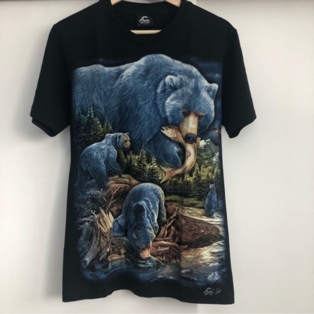 New Graphic T-Shirt Black Glowing In Dark Bear Animal Print New Size S